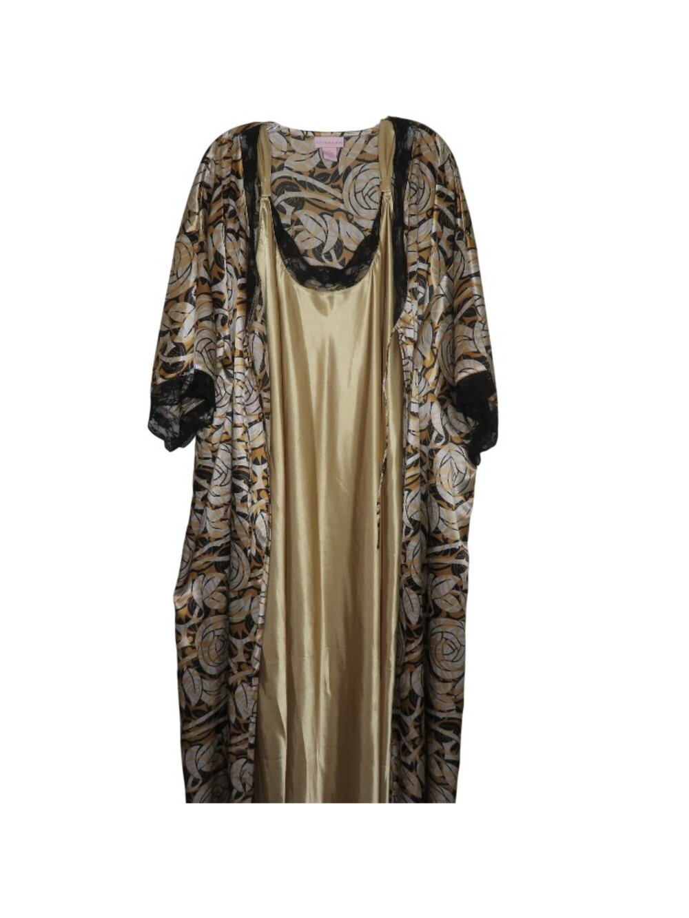 Vintage Serenada Womens 2-Piece Satin Robe Nightgown Set 1X Gold Black Floral